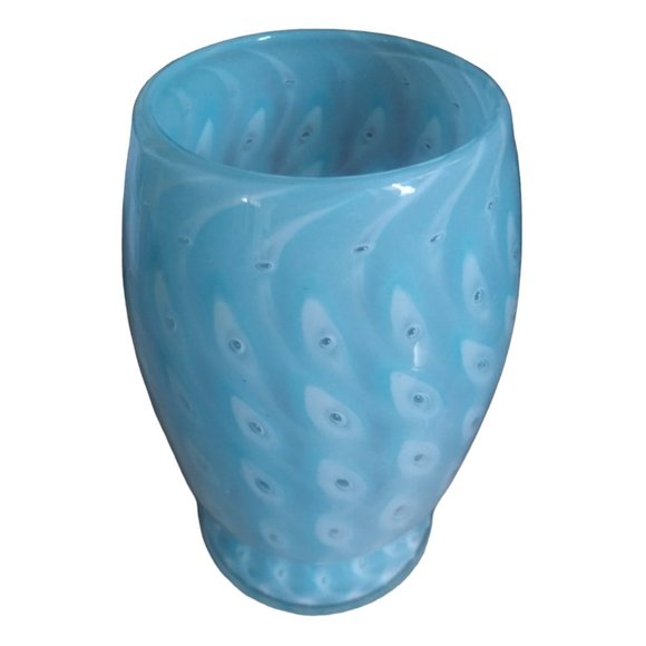 Blue Opalescent Controlled Bubble Glass Swirl Vase Peacock Eye Turquoise Vase - Picture 5 of 10